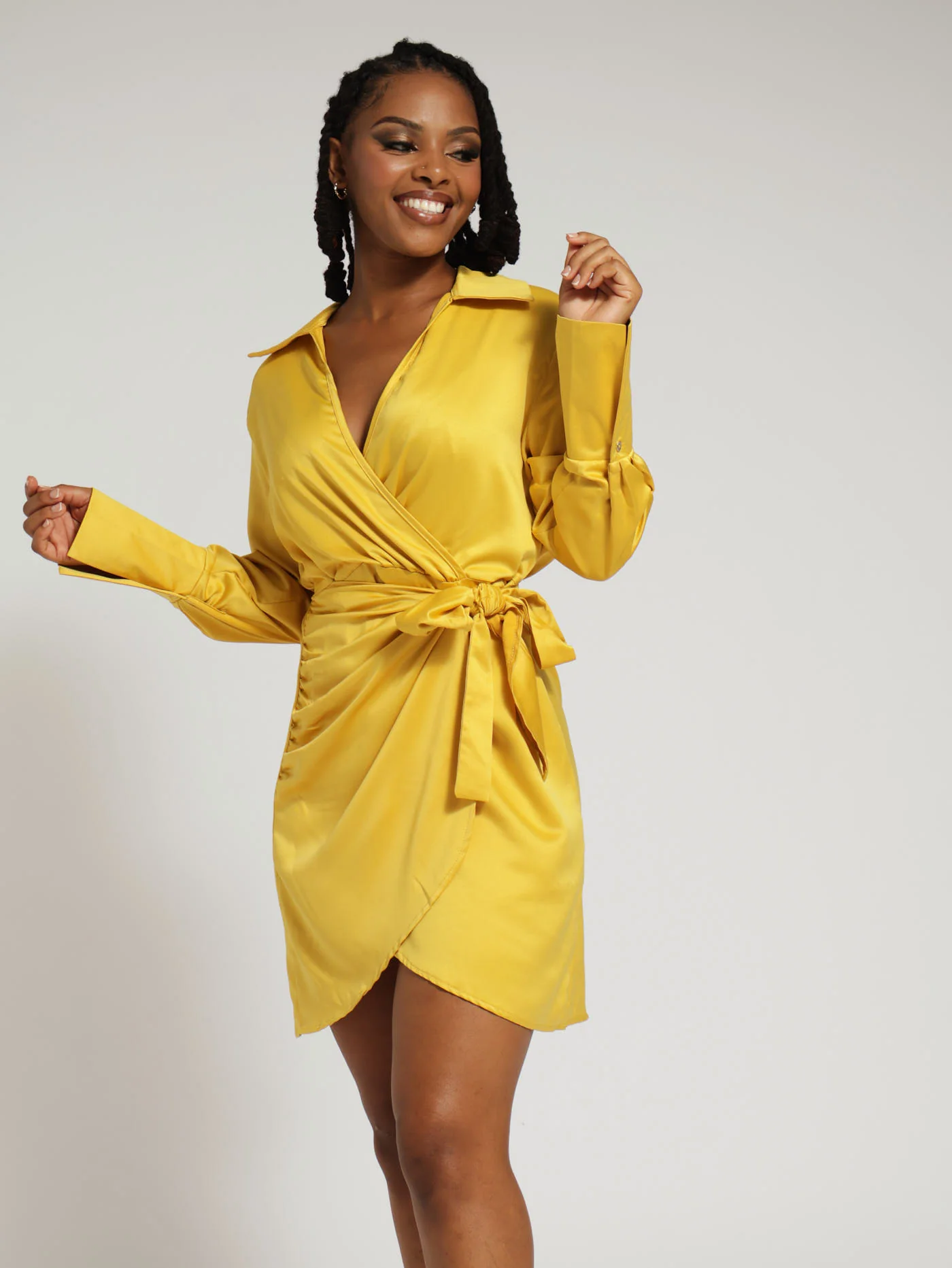 Wrap Satin Dress - Mustard