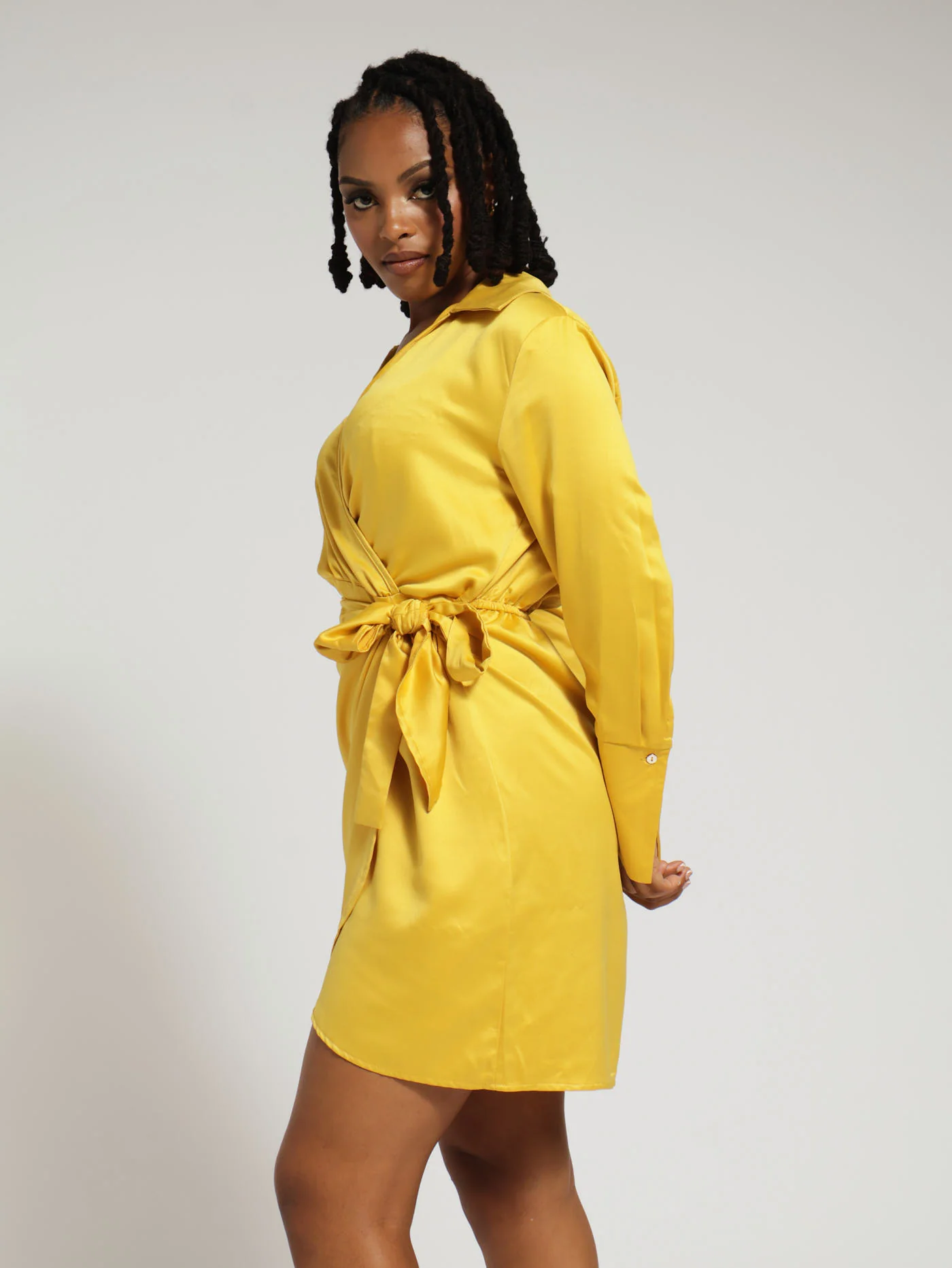 Wrap Satin Dress - Mustard - Image 2