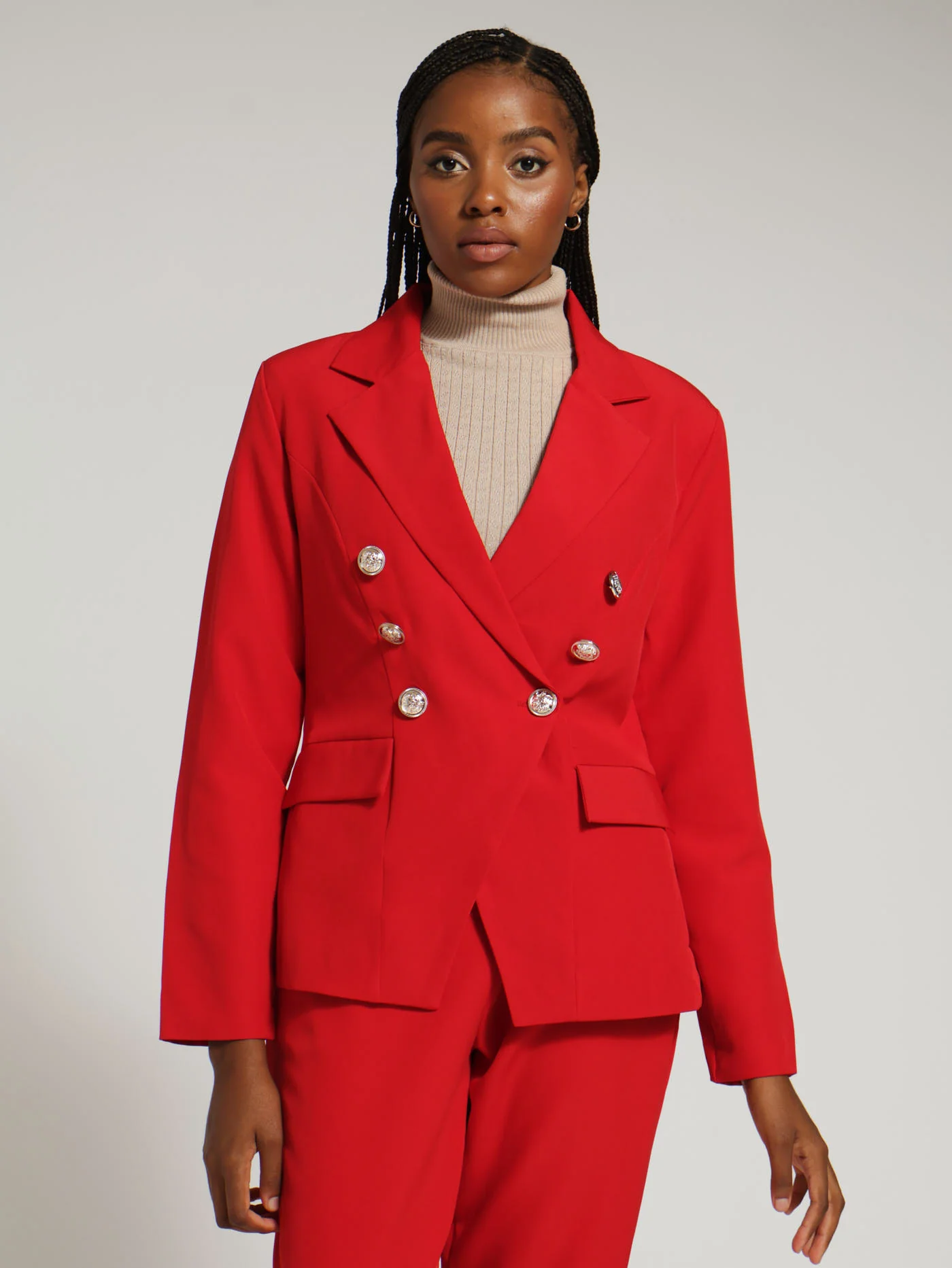 X -Front Button Detail Blazer - Red