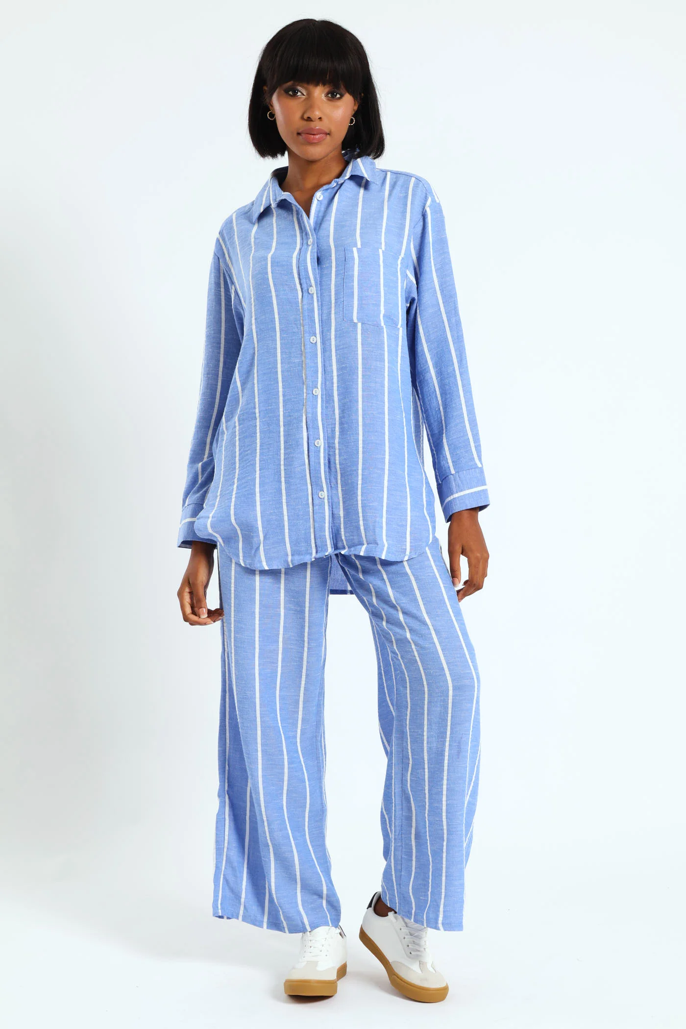 Yarn Dye Stripe Wideleg Pants - White/Blue - Image 2