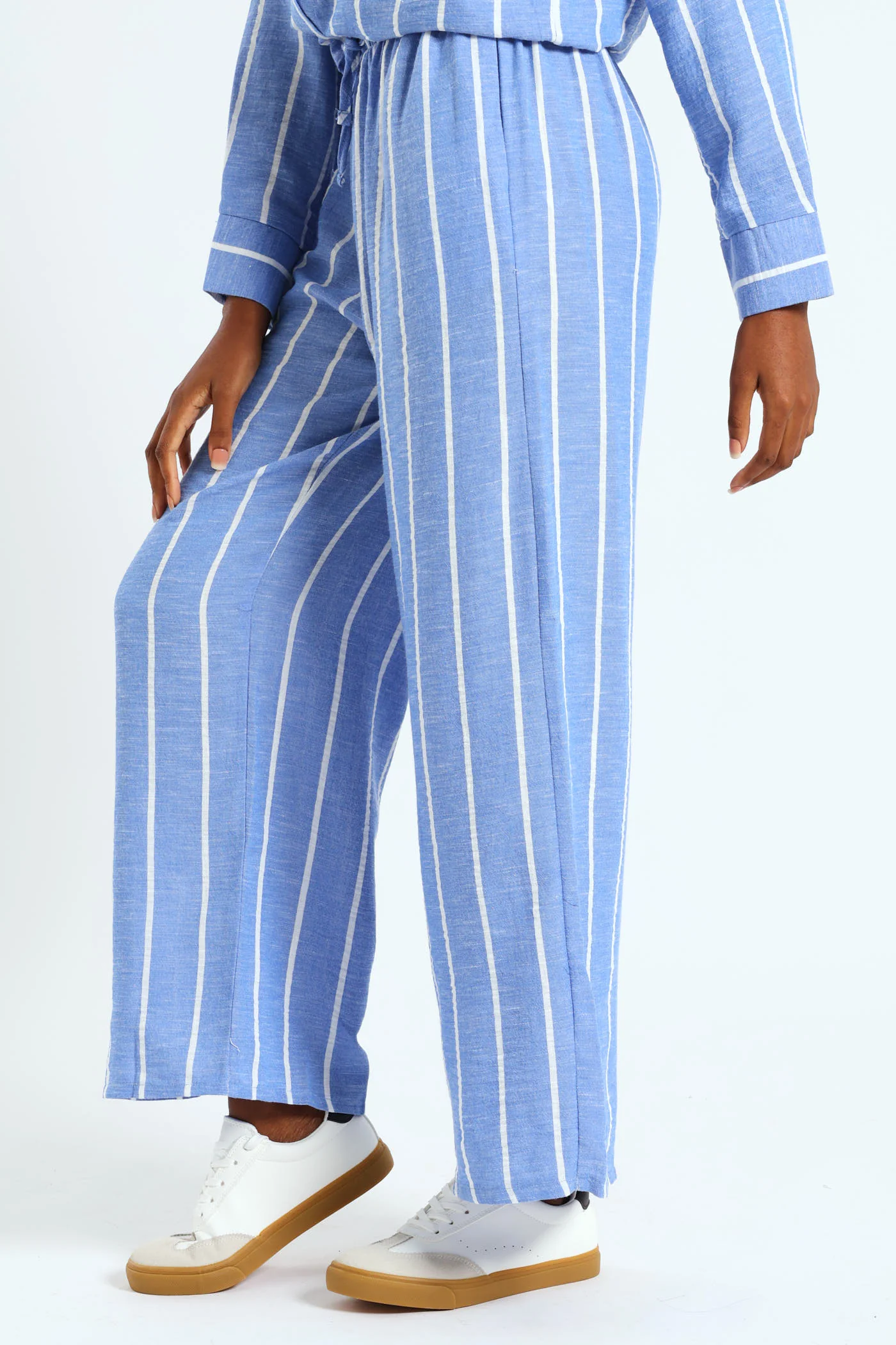 Yarn Dye Stripe Wideleg Pants - White/Blue - Image 3