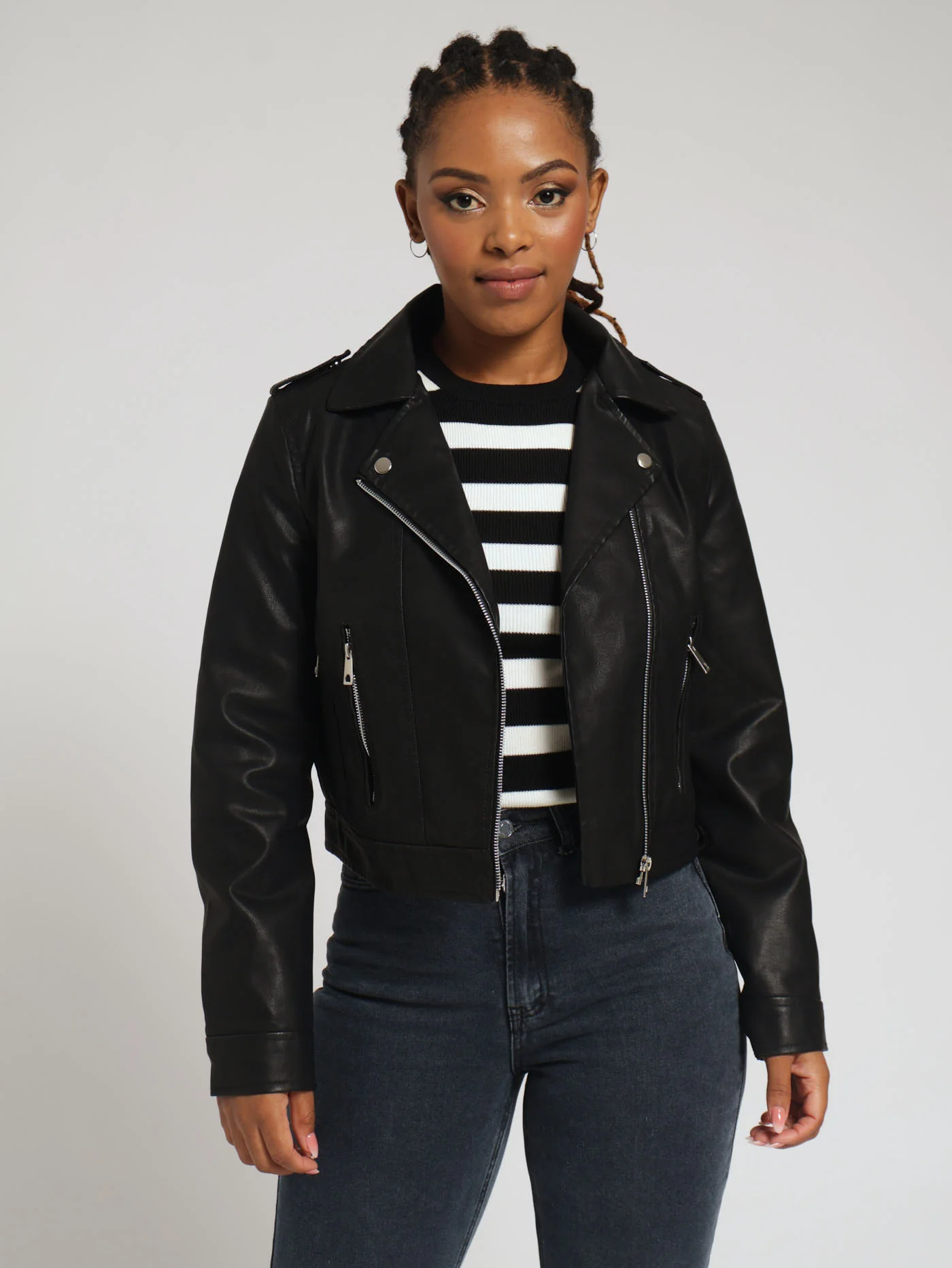 Zip Detail Biker Jacket - Black