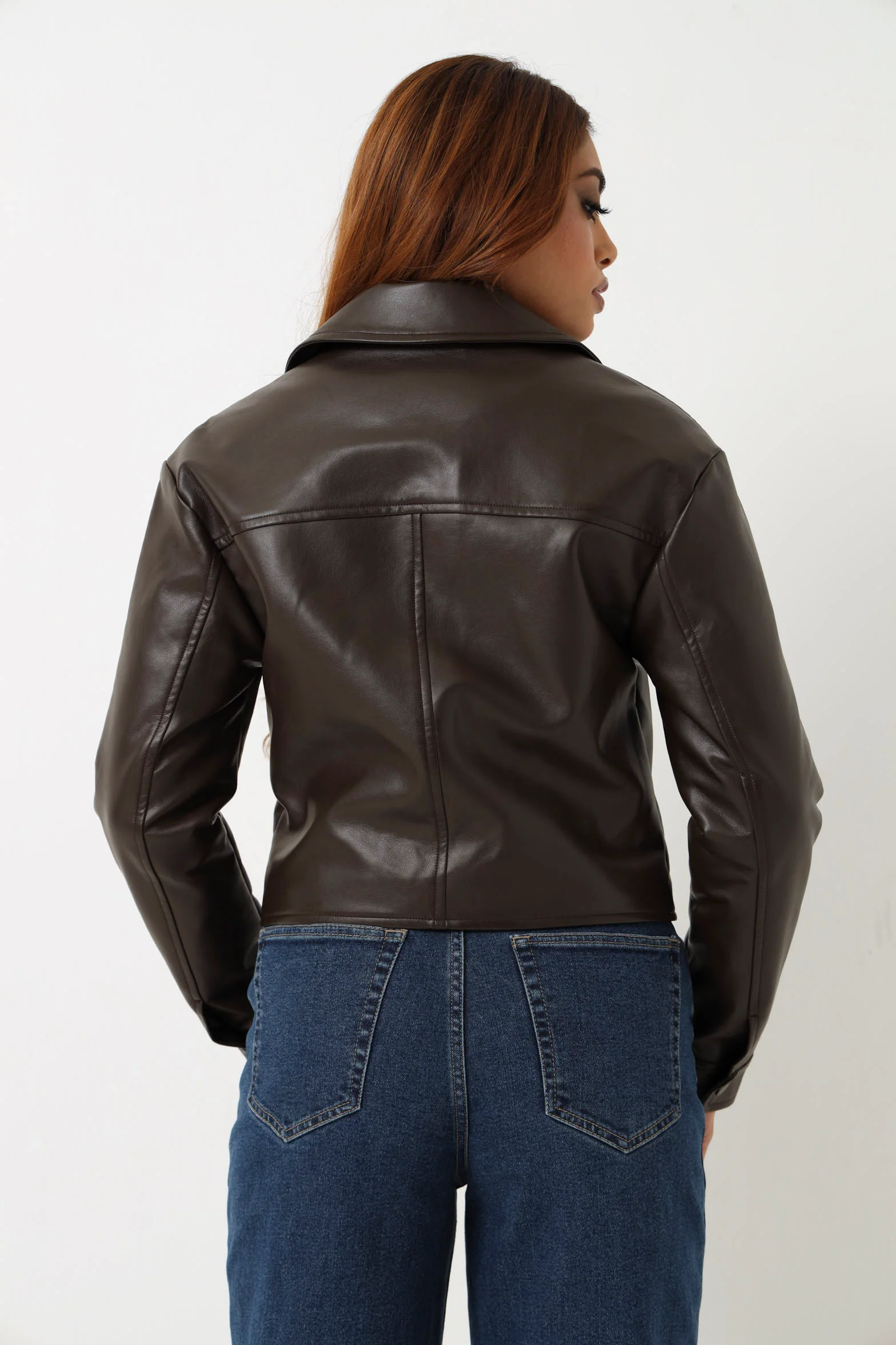 Zip Detail Pu Biker Jacket - Chocolate - Image 5