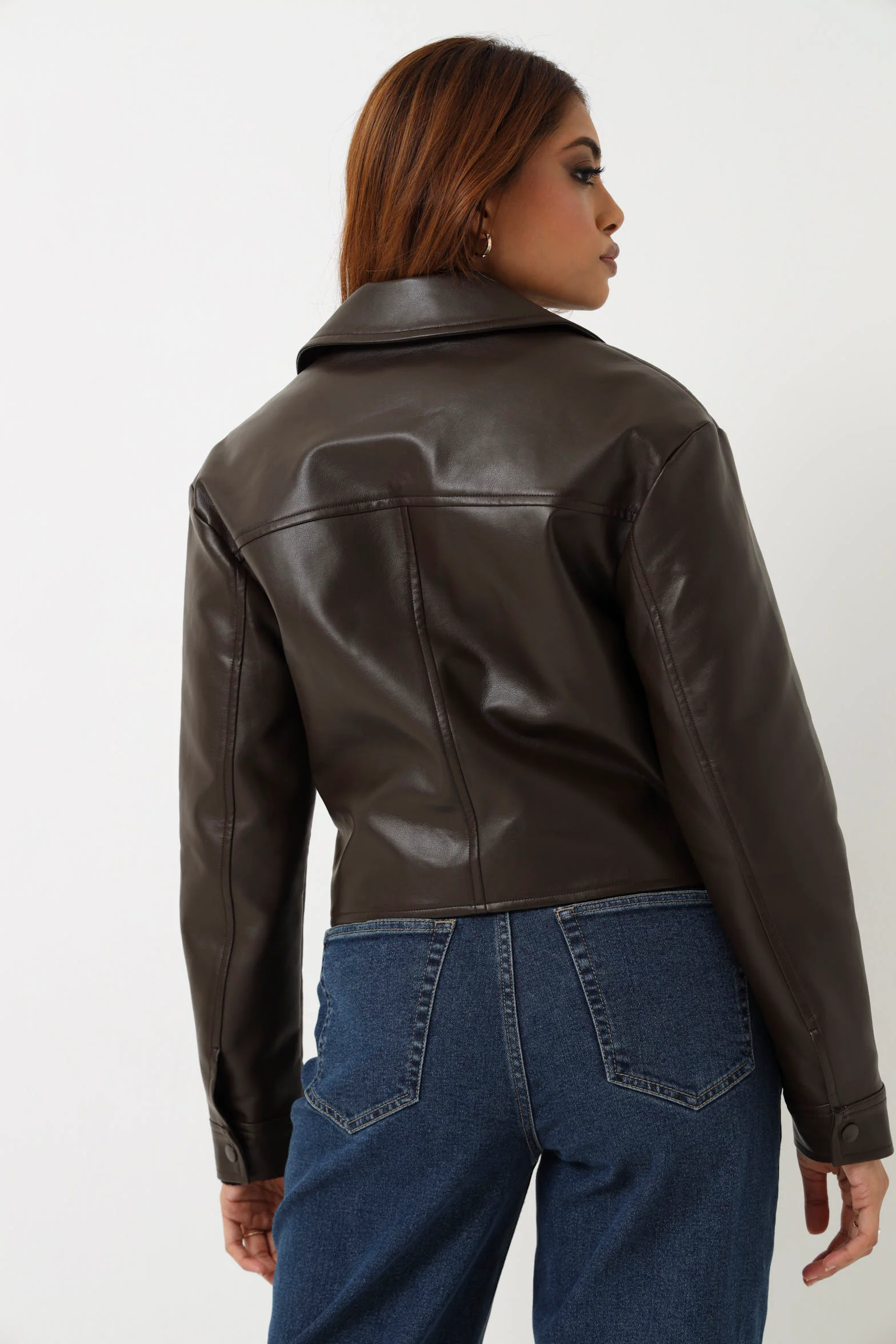 Zip Detail Pu Biker Jacket - Chocolate - Image 8