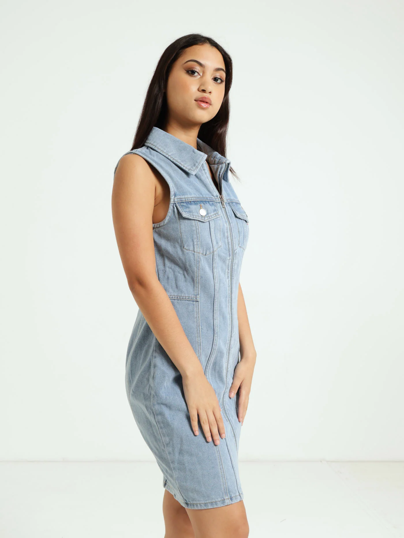 Zip Front Denim Dress - Stonewash - Image 2
