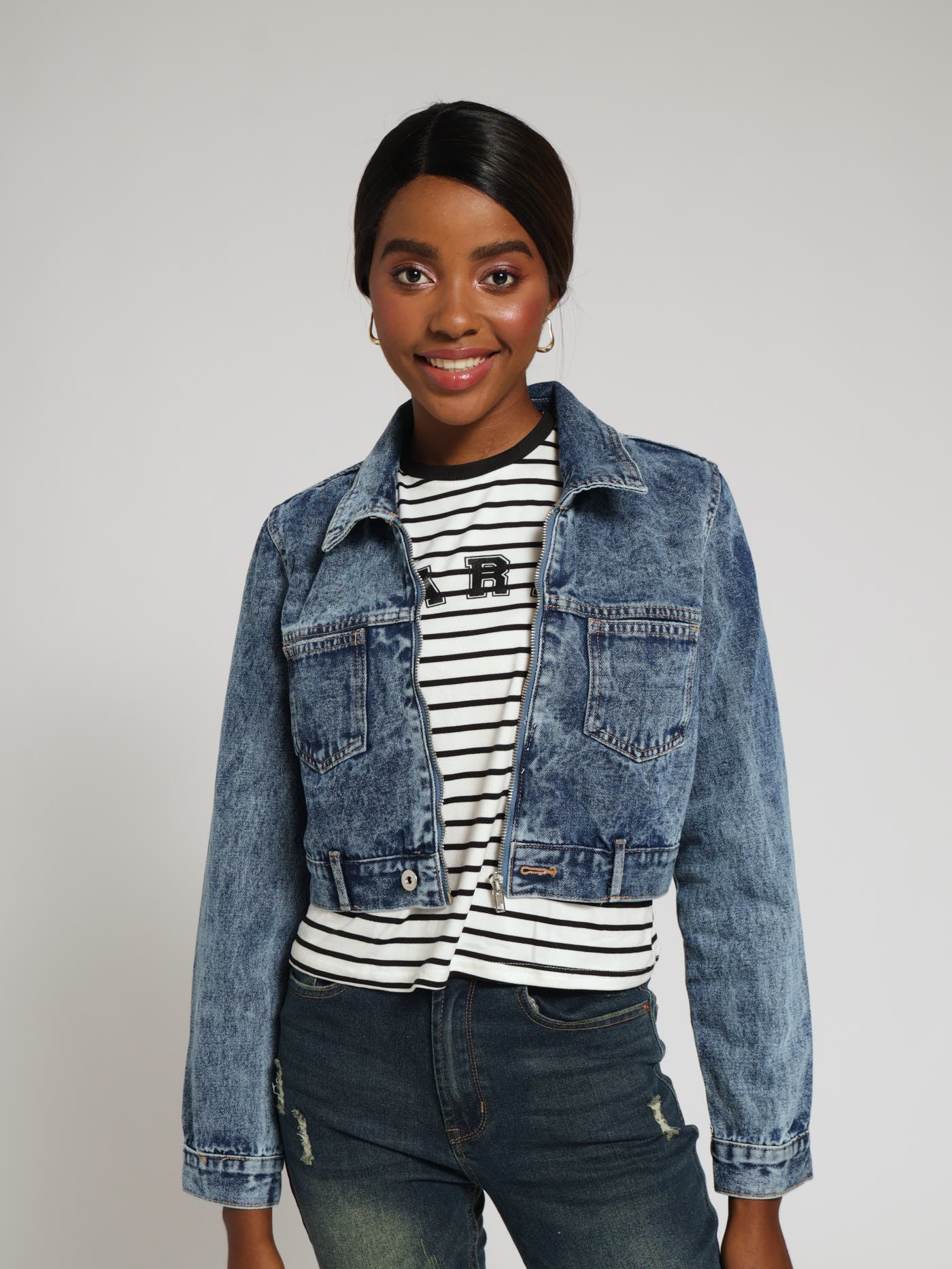 Zip Front Denim Jacket - Stonewash