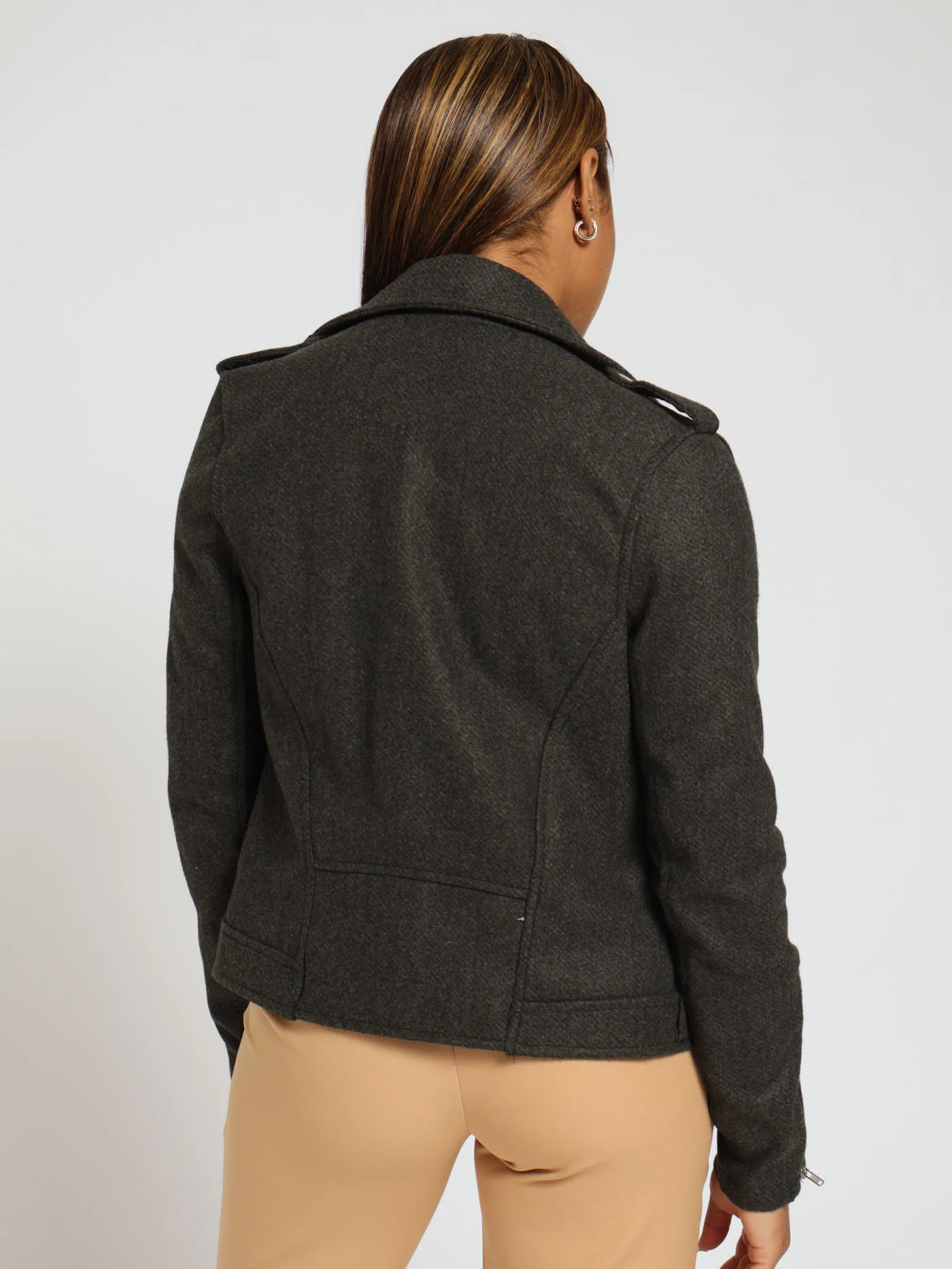 Zip Through Melton Biker Jacket - Grey - Image 3